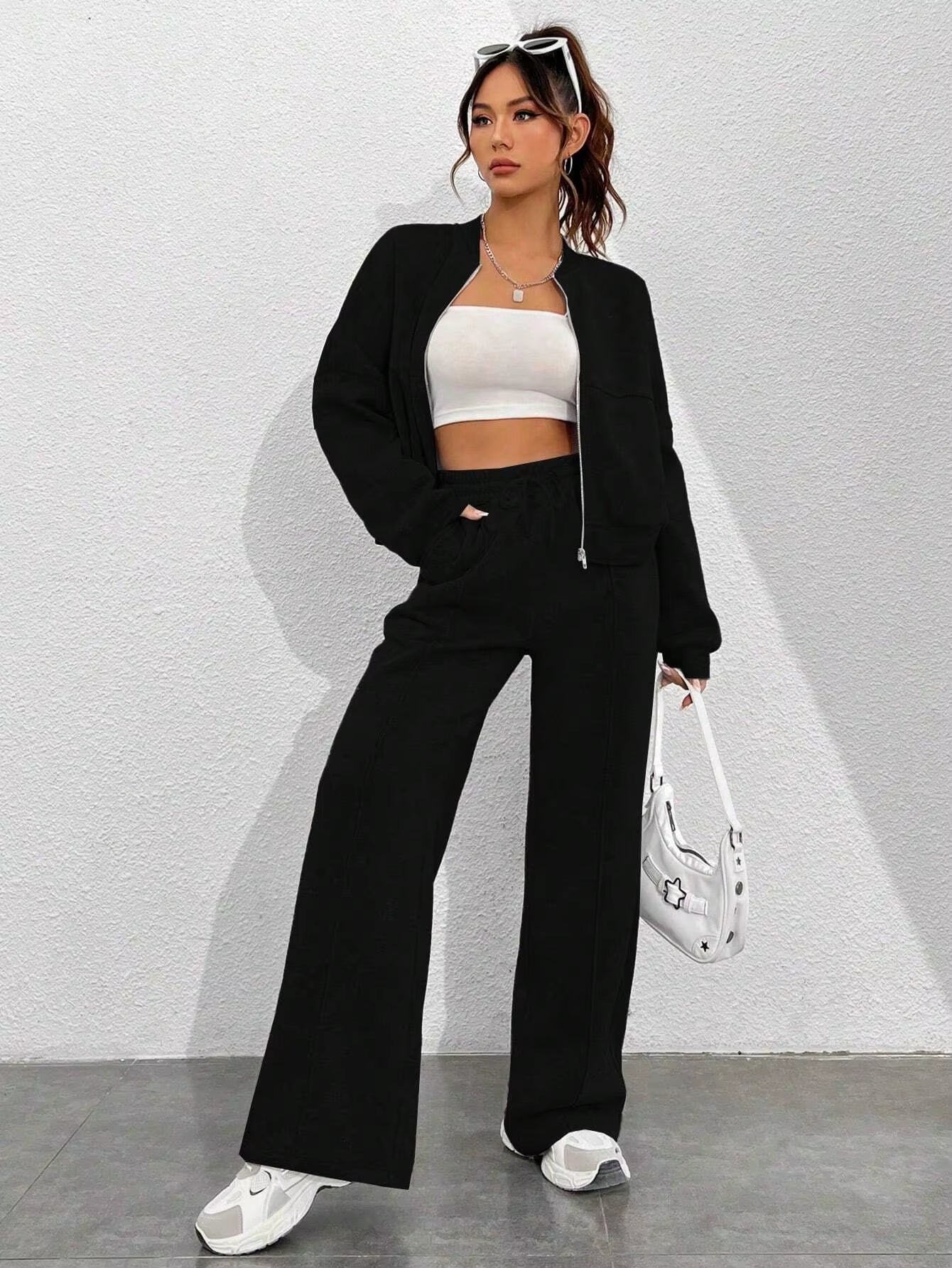 Matching Sets Women Casual Tracksuit Two Pieces Set Loose O Neck Long Sleeves Zipper Cardigan Drawstring Wide Leg Pants Jogger