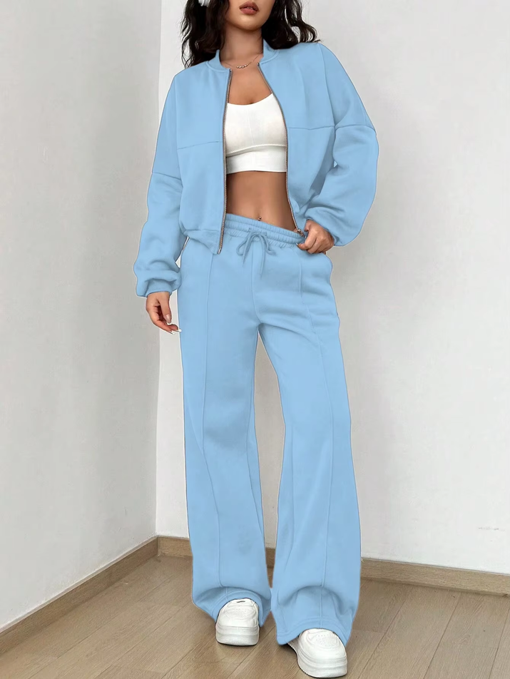 Matching Sets Women Casual Tracksuit Two Pieces Set Loose O Neck Long Sleeves Zipper Cardigan Drawstring Wide Leg Pants Jogger