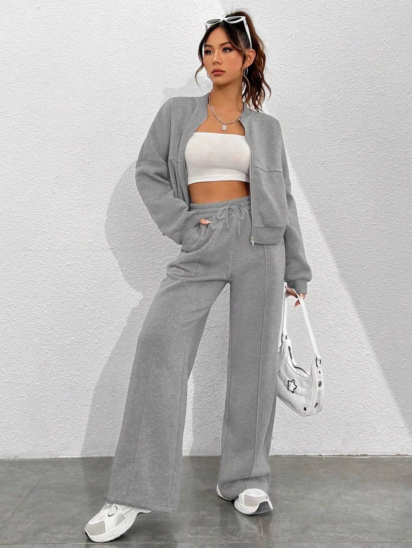 Matching Sets Women Casual Tracksuit Two Pieces Set Loose O Neck Long Sleeves Zipper Cardigan Drawstring Wide Leg Pants Jogger